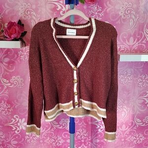 Pink Rose Burgundy Cardigan with Cream Trim